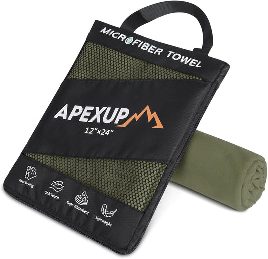 APEXUP Microfiber Travel Towel, Ultra Absorbent Quick Dry Towels, Lightweight Gym Sports Camping Towel for Workout, Yoga, Beach, Shower, Swimming (24"×12", Army Green)