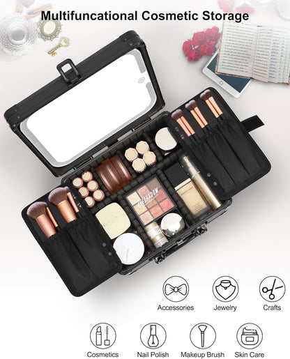 Relavel Makeup Bag with LED Mirror, Makeup Box Travel Train Case with Rechargeable Lighted Mirror & Adjustable Dividers, Cosmetic Brush Organizer Storage for Makeup Artists Gifts for Women and Girls