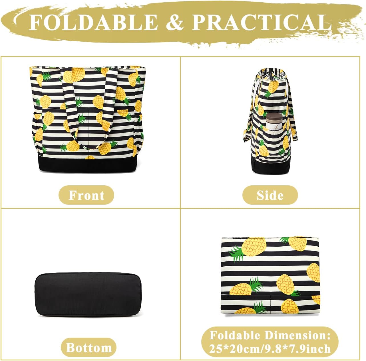 VASCHY Beach Bag for Women, Large Waterproof Sandproof Fold-able Packable Pool Tote Bag w Zipper/Pockets