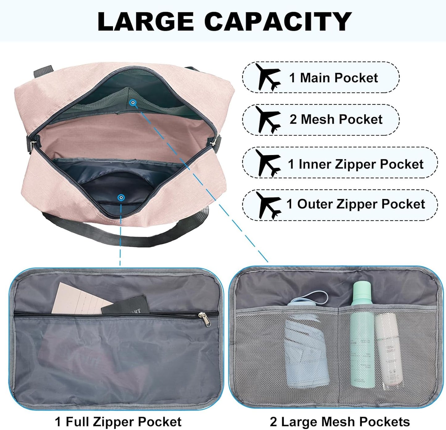 Foldable Carry on Luggage Bag 22x14x9 Personal Item Bag for Airplanes Travel Duffel Bags for Women and Men (40L, Pink)