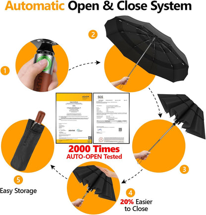 3T Wind Armor Travel Umbrella Compact Easy Auto Open Close Folding Umbrellas for Rain Windproof Umbrella for Women and Men Durable Real Wood Handle Portable Fits Backpack Car