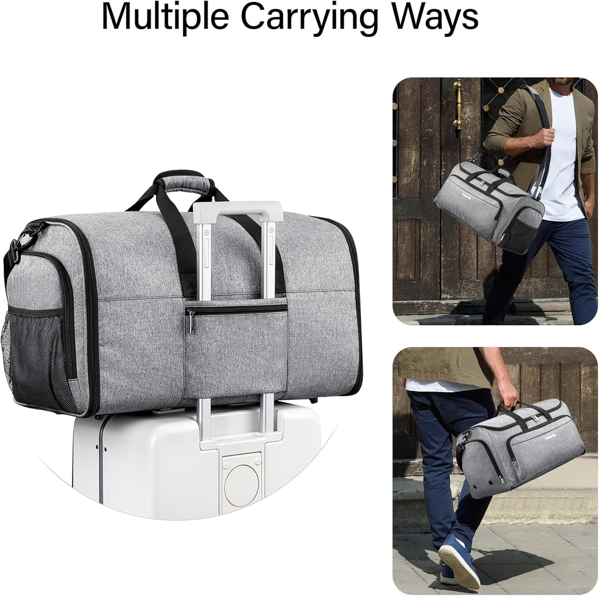 Hanke Carry on Garment Bags for Travel,Convertible Duffle Bag Luggage Bag Weekend Bag with Shoe Compartment,2 in 1 Hanging Suitcase Suit Bag for Men Women,Light Grey