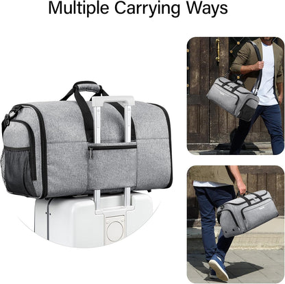 Hanke Carry on Garment Bags for Travel,Convertible Duffle Bag Luggage Bag Weekend Bag with Shoe Compartment,2 in 1 Hanging Suitcase Suit Bag for Men Women,Light Grey