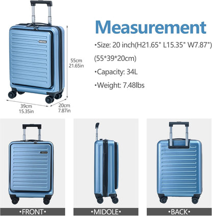 TydeCkare 20 Inch Carry On Luggage with Front Pocket, 21.65 * 15.35 * 7.87" Suitable for Airplane Overhead Bin, 34L PC+ABS Hardshell, Ice Blue