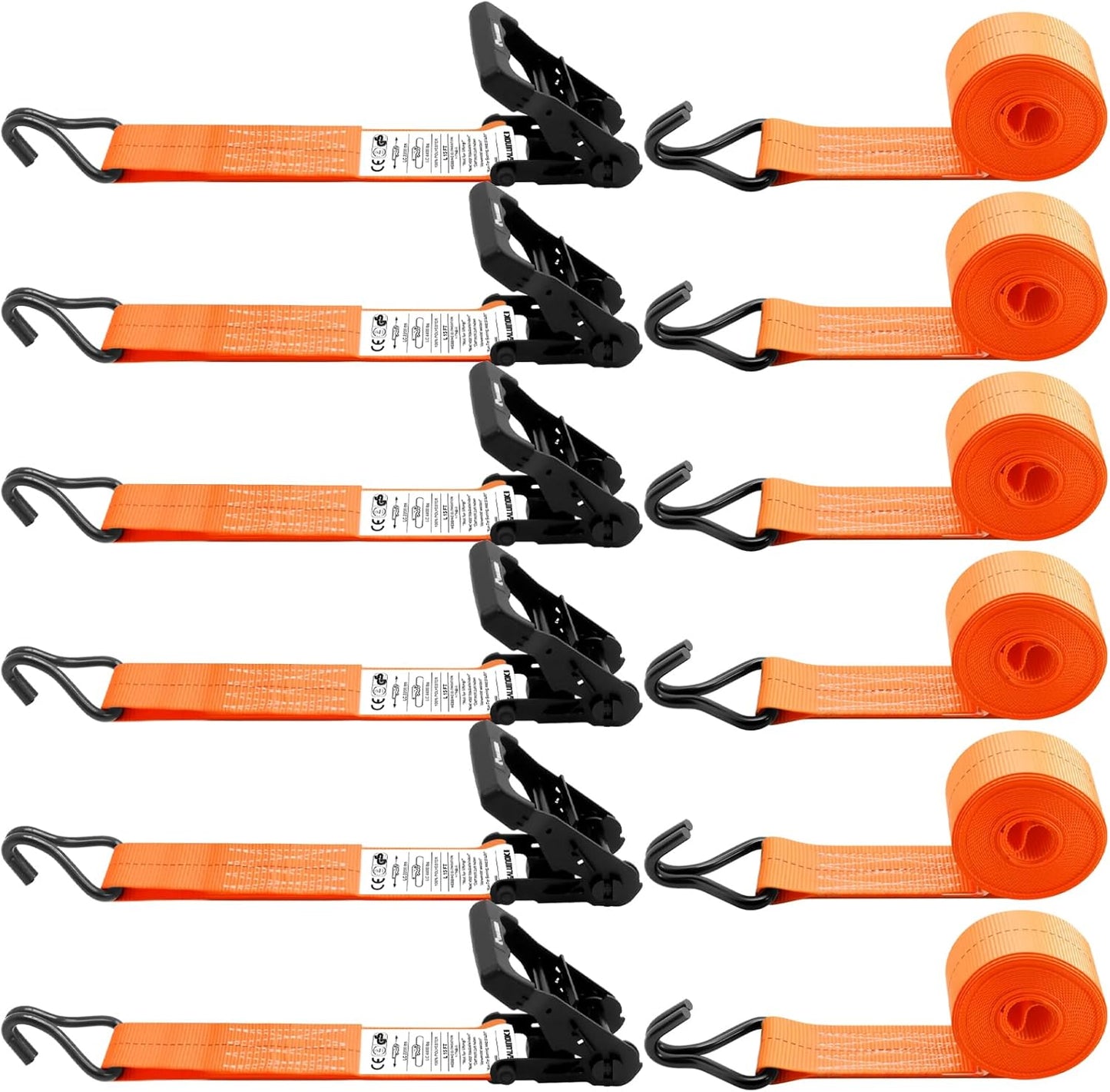 6 Pack 2 inch Ratchet Straps Heavy Duty J Hook 2 in x 15ft with Strong Ratcheting, Cargo Load Tie Down Strap 2200lbs Working Load for Trucks Orange