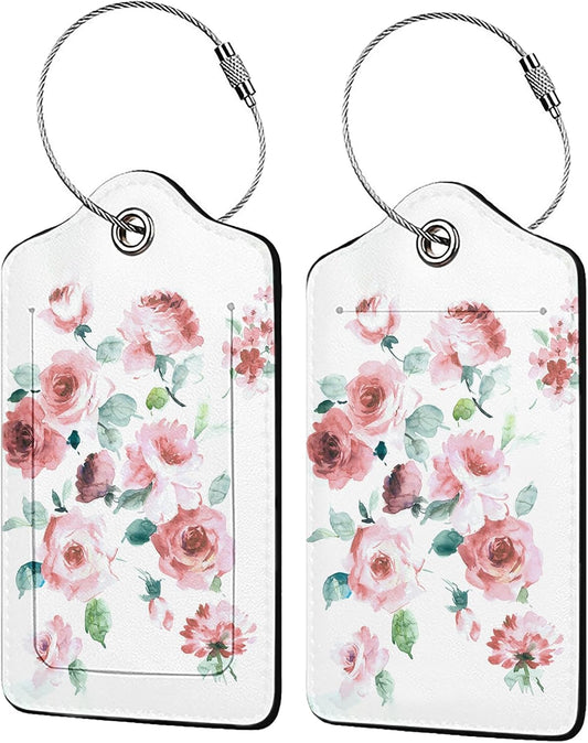 Flowers Watercolor 2-Pack Luggage Tags for Suitcases,Leather Baggage Tag with Loop, Tags Private Name ID Labels for Women Girl Men Boys Travel Baggage Suitcase