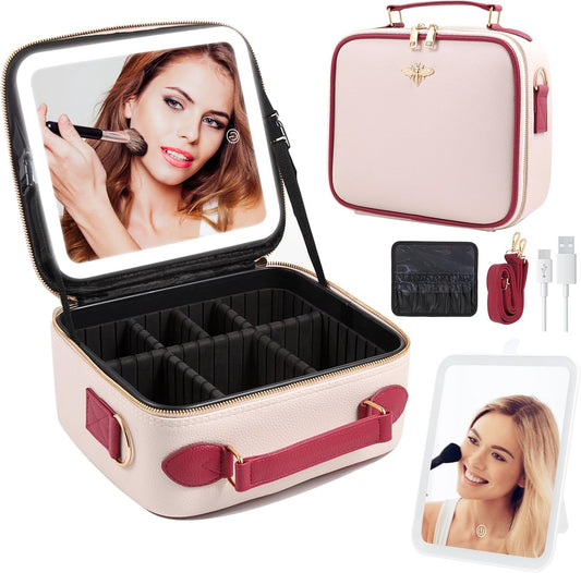 Travel Makeup Bag with Mirror of LED Lighted, Rechargeable Cosmetic Train Case Artist Makeup Organizer for Women with Adjustable Dividers, Makeup Brushes Holder and Strap (White)