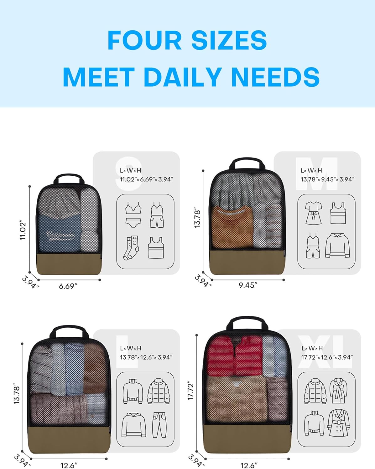 4 PCS Set Compression Packing Cubes for Travel, Lightweight Packaging Organizer Bags for Carry On Space Saving, Travel Essentials Cubes for Suitcase Backpack, Brown