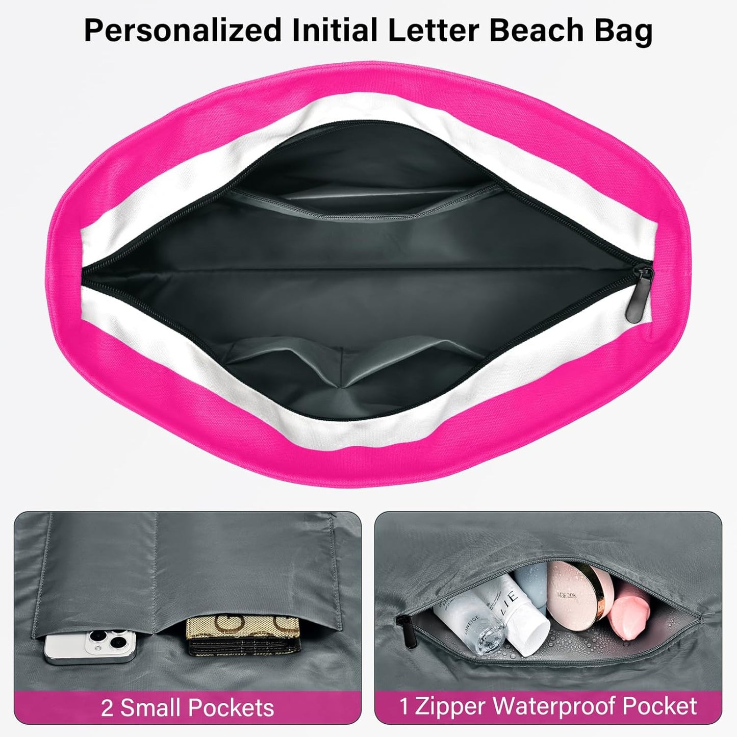 Becokan Beach Bag Initial Beach Tote with Makeup Bag for Travel Work Storage Personalized Birthday Gifts for Women Her