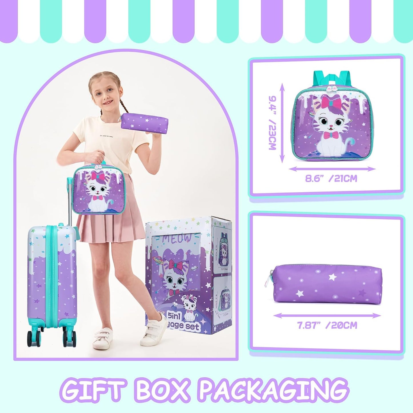 Cute Cat Kid’s Luggage Set 5 Piece Suitcase Set 16’’ Hardside Luggage with Spinner Wheels Girls Boys Carry on Toddler Luggage Travel Rolling Luggage Carry on Luggage Airline Approved