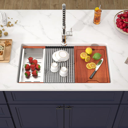 33 Inch Undermount White Granite Composite Kitchen Sink Under Counter Quartz Single Bowl Sink Workstation Sinks with Accessories Quick Drain Noise Reduction Home Renovation Classic Style