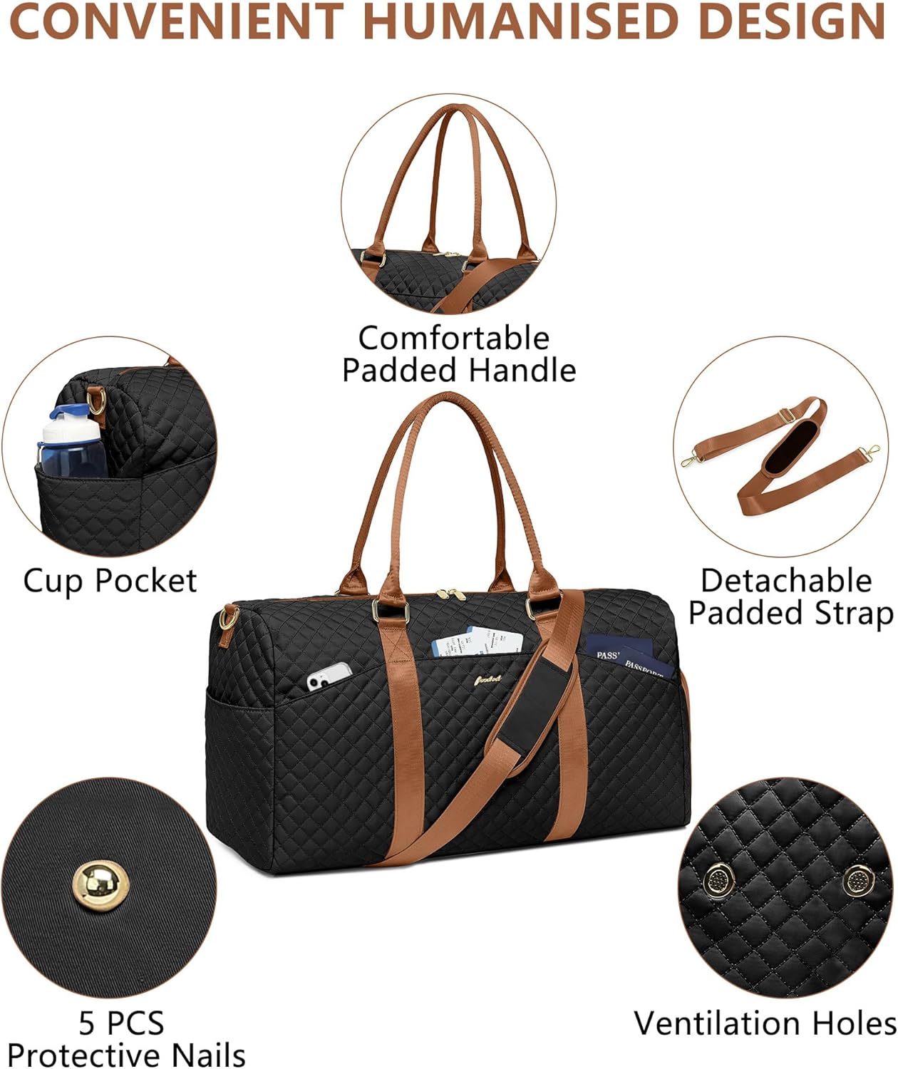 Women Duffle Weekender Travel Bag: Large Duffel Bags with Shoe Compartment Carry On Overnight Tote with Wet Pocket Traveling Weekend Gym Yoga Hospital Bag for Womens Black Brown