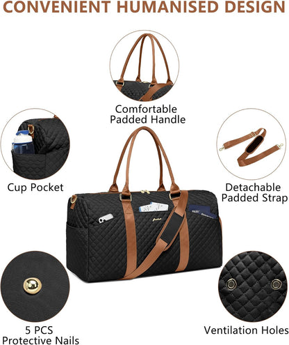 Women Duffle Weekender Travel Bag: Large Duffel Bags with Shoe Compartment Carry On Overnight Tote with Wet Pocket Traveling Weekend Gym Yoga Hospital Bag for Womens Black Brown