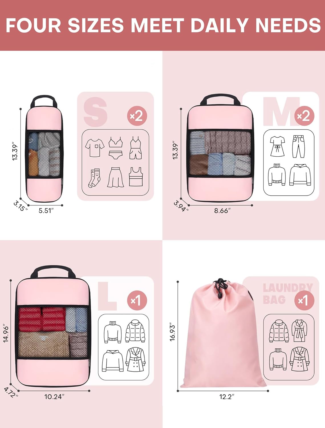 6 PCS Set Compression Packing Cubes for Travel, Lightweight Packing Organizer Bags Travel Essentials for Carry On, Suitcase, Home Closet - Pink