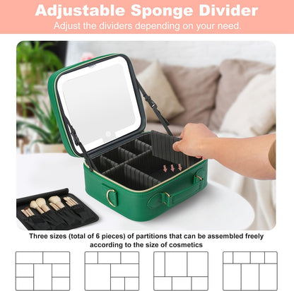 Mocado Travel Makeup Bag with LED Lighted Mirror,Travel Makeup Organizer,Makeup Case with 3 Color Lighted Setting and 10x Magnifying Mirror,Portable Storage and Adjustable Dividers Makeup Box(Green)