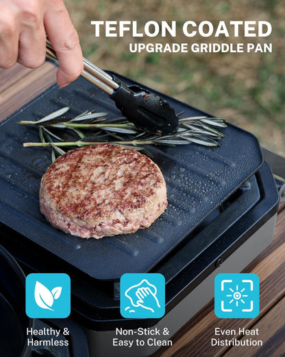 Gonex 2 Burner Propane Camping Stove with Griddle & Grates, Portable Foldable Cooking Stove with Total 16,000 BTU, Two Piezo Ignition Adjustable Burners for Camping, Patio, Emergency, Hiking (Grey)