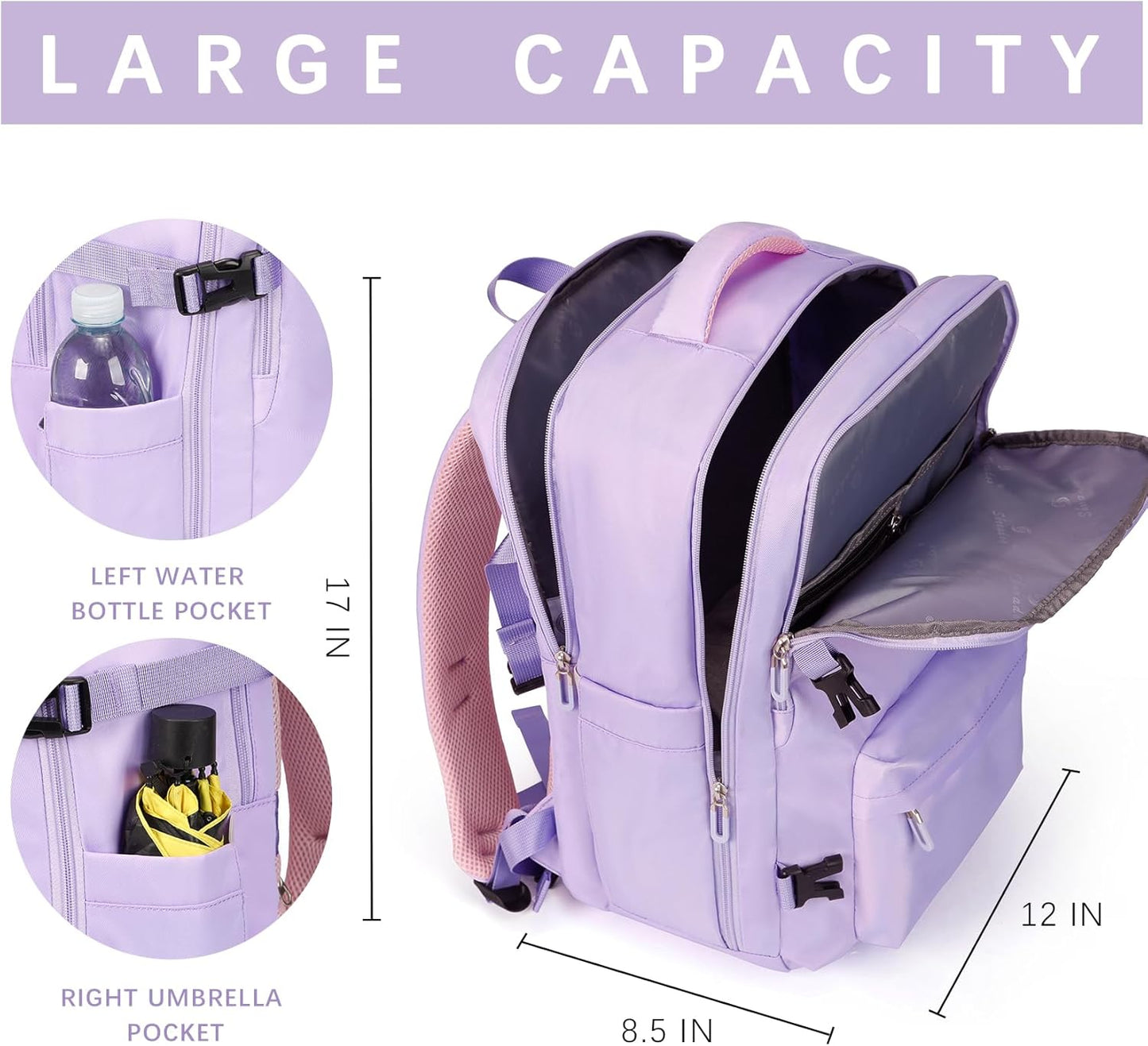 SHRRADOO Travel Laptops Backpack for Women Men, Casual Work Bag 17inch High School College Backpack Airline Approved Backpack for Hiking Business (Light Purple)