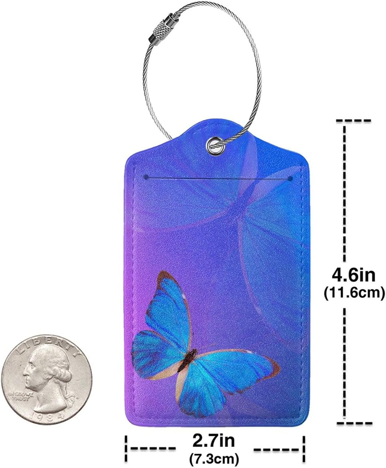 Blue and Purple Luggage Tags with Butterfly Print, Beautiful Violet Suitcase Tags with Privacy Cover Id Card Stainless Steel Loop, 2 Pack Identifiers Tags with Name ID Labels for Women Girls Travel