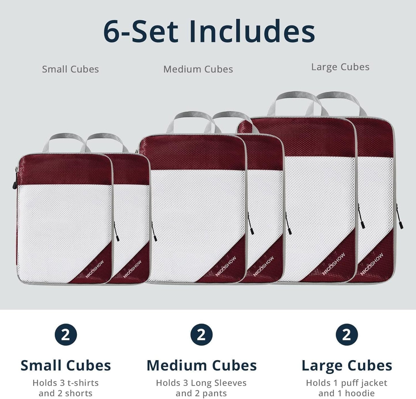 6 Set Compression Packing Cubes for Travel - Compressible, Lightweight, and Space-Saving Packing Cubes, Travel Essentials for Women, Wine