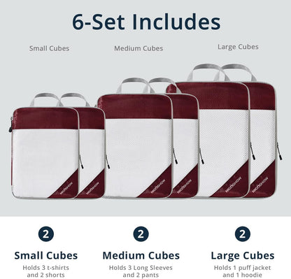 6 Set Compression Packing Cubes for Travel - Compressible, Lightweight, and Space-Saving Packing Cubes, Travel Essentials for Women, Wine