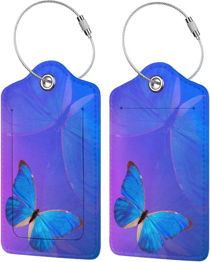 Blue and Purple Luggage Tags with Butterfly Print, Beautiful Violet Suitcase Tags with Privacy Cover Id Card Stainless Steel Loop, 2 Pack Identifiers Tags with Name ID Labels for Women Girls Travel