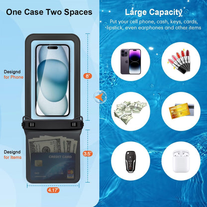 Double Space Waterproof Phone Pouch, 2 Pack Waterproof Phone Case with Lanyard for iPhone 16 15 14 Pro Max up to 8.5’’, Cellphone Dry Bag for Beach Vacation Travel Cruise Essentials