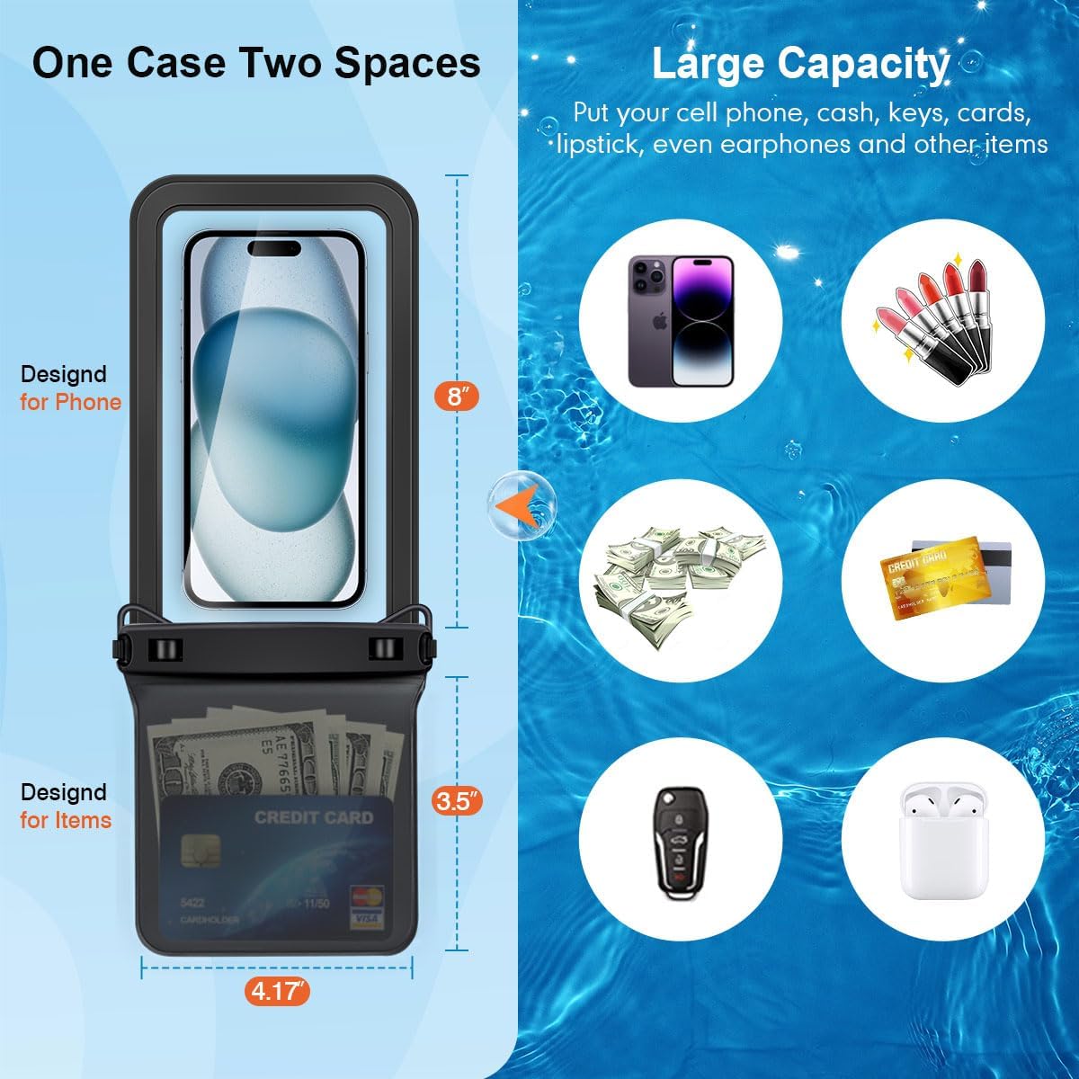 Double Space Waterproof Phone Pouch, 2 Pack Waterproof Phone Case with Lanyard for iPhone 15 Pro Max Galaxy S23 Pixel 7a up to 8.5’’, Cellphone Dry Bag for Beach Vacation (Black+Black)