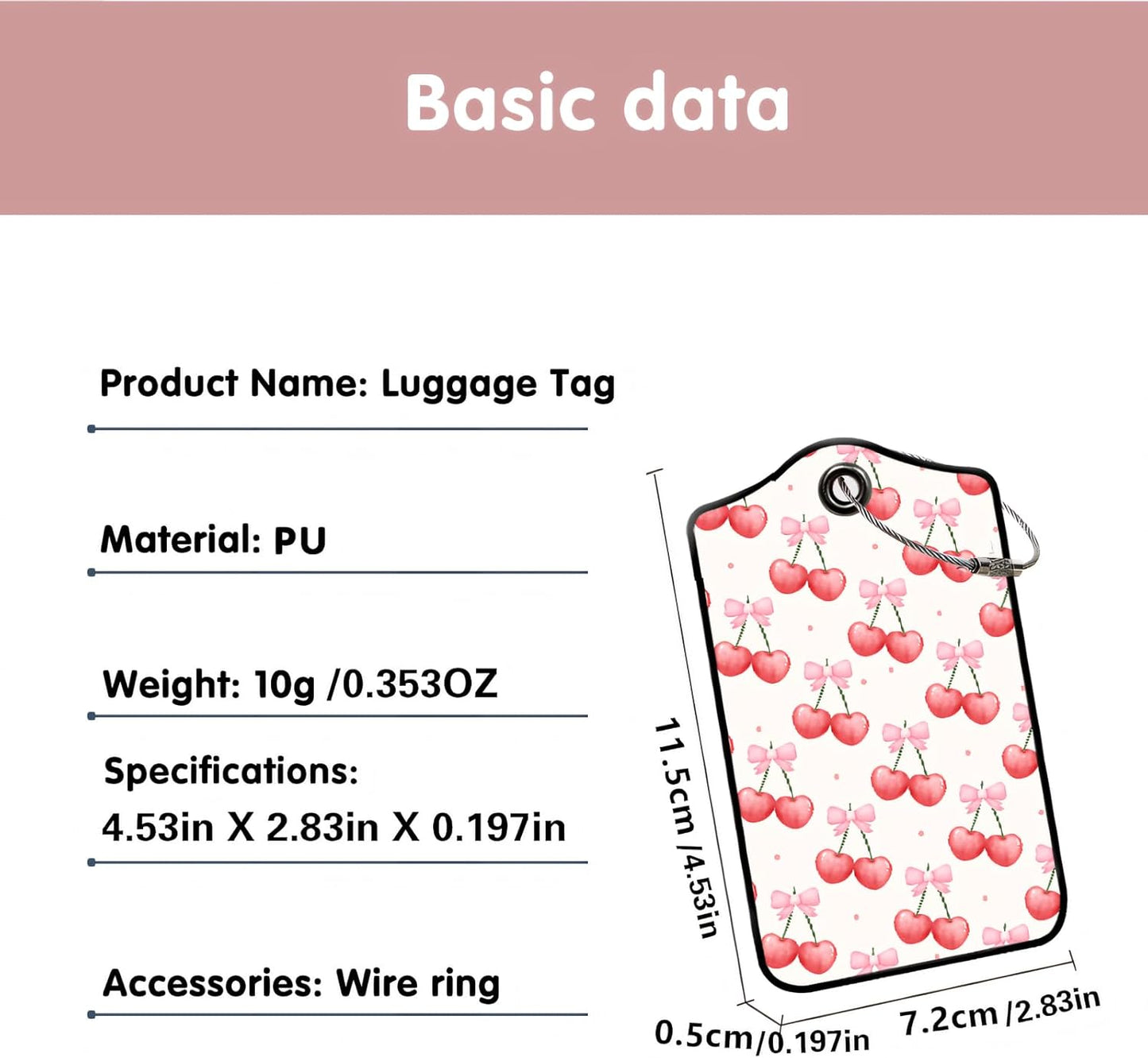 Luggage Tags for Suitcases, 2-Pack PU Leather for Cruise & Travel, Baggage ID Tags with Privacy Cover & Address Card, Durable Metal Ring, Kids Adults Travel Accessories, Sweet Bow Cherries