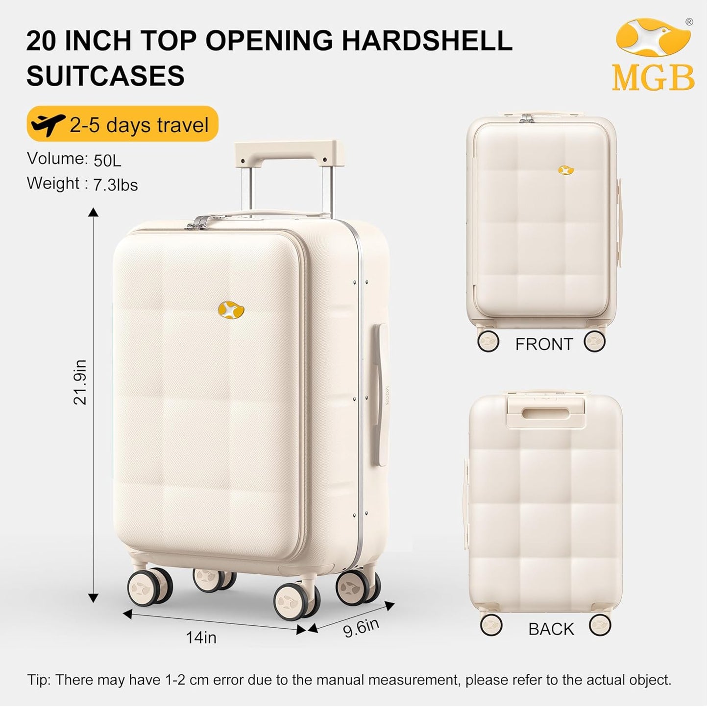 MGB 20 Inch Top Open Carry On Luggage 22x14x9 Airline Approved, Aluminum Frame Hard Shell Carry On Suitcase with Spinner Wheels,Travel Small Luggage for Women Men Gifts (Cream)