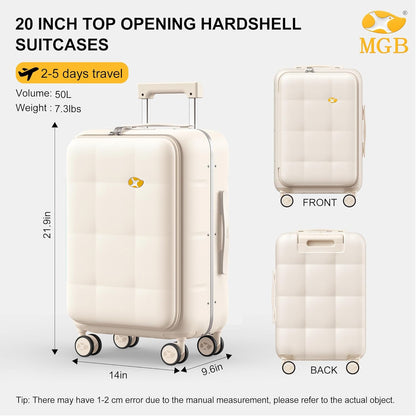 MGB 20 Inch Top Open Carry On Luggage 22x14x9 Airline Approved, Aluminum Frame Hard Shell Carry On Suitcase with Spinner Wheels,Travel Small Luggage for Women Men Gifts (Cream)