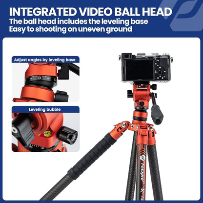 Fotopro 62 Inch Carbon Fiber Tripod 2.3lbs Ultralight Portable Travel Video Tripod for Camera DSLR Lightweight Load up to 22lbs X-Aircross 3 Video Orange