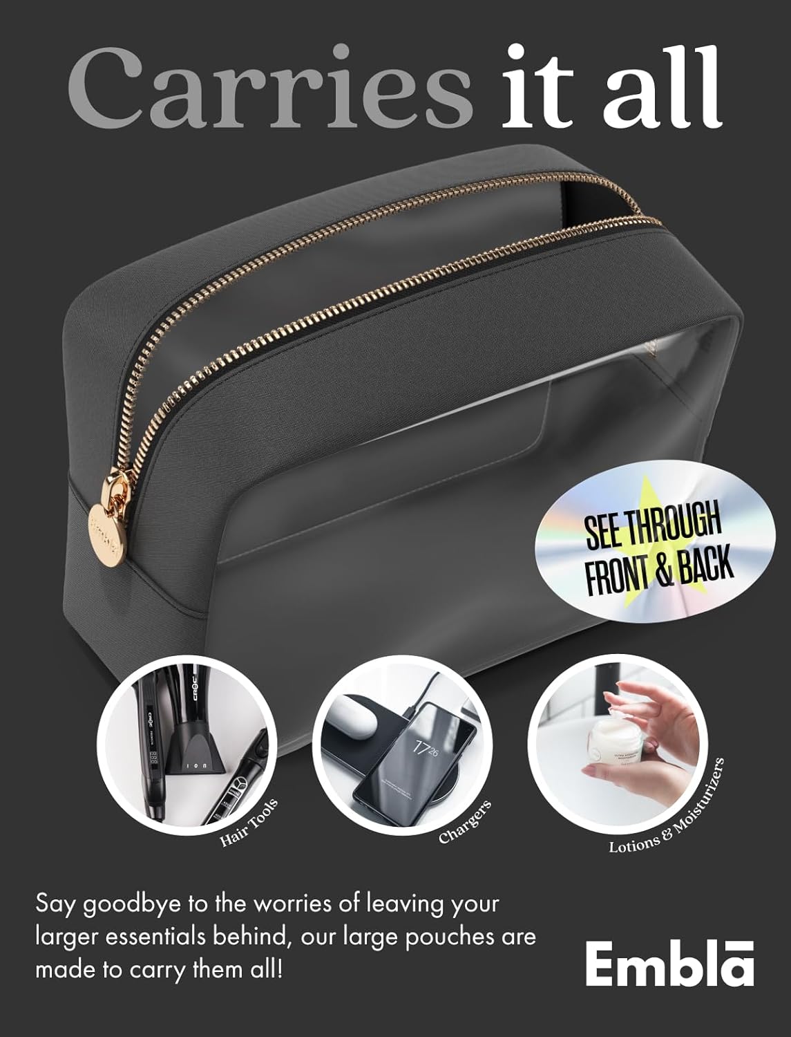 Clear Makeup Bag Zipper Pouch, Transparent Cosmetic Case Organizer, TSA Approved Travel Toiletry Case, Travel Accessories Essentials Makeup Tote for Women, Large Cute Make up Bag for Purse - Black