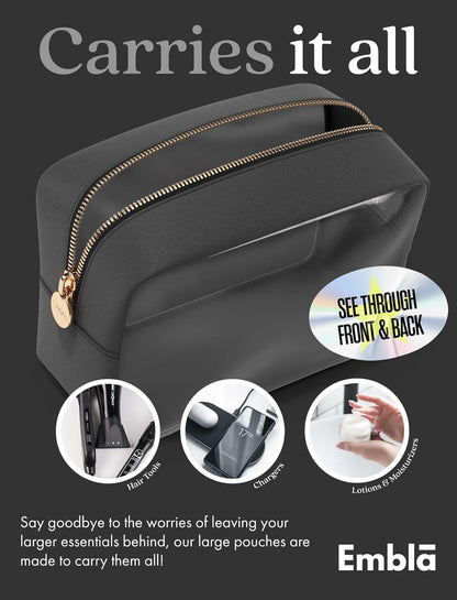 Clear Makeup Bag Zipper Pouch, Transparent Cosmetic Case Organizer, TSA Approved Travel Toiletry Case, Travel Accessories Essentials Makeup Tote for Women, Large Cute Make up Bag for Purse - Black