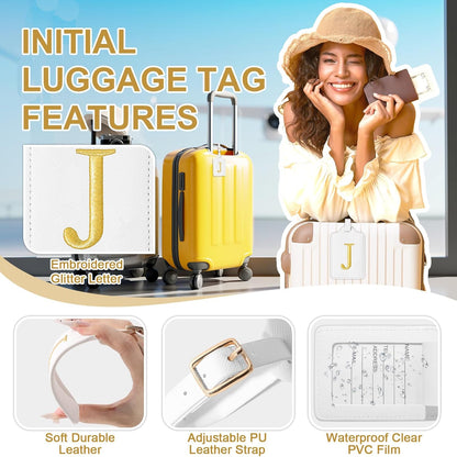 Personalized Initial Luggage Tags for Suitcase TSA Approved, White Leather Cute Luggage Tag with Privacy Cover Name Card, Embroidered Custom Luggage Tags Travel Baggage Tags Gifts for Women Kids(J)