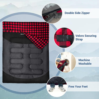 Double Sleeping Bag for Adults Machine Washable 2 Person Camping Sleeping Bag Queen Size Waterproof with Compression Sack for Cold Weather 3-4 Seasons
