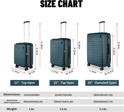 3-Piece 20/24 Top Opening Hardshell Lightweight Luggage and 28-Inch Clamshell Opening Suitcase with Spinner Wheels & TSA Locks, Teal Blue, 20in/24in/28in