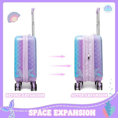 Cute Mermaid Kids Luggage Set 2 piece Kids Suitcase with Spinner Wheels 16" Childrens Luggage for Girls With Wheels Hard Shell Luggage Sets Airline Approved