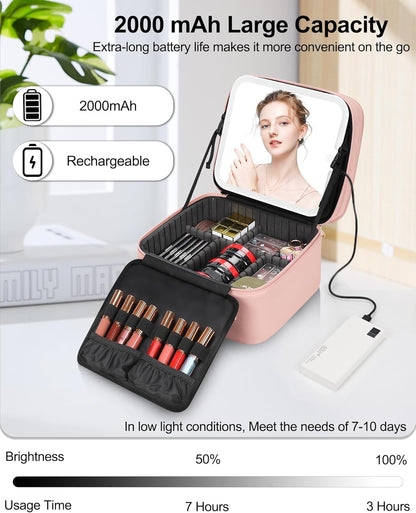 Travel Makeup Bag with LED Mirror Double Layer Makeup Case with Lighted Mirror Dual Layer Cosmetic Train Case Portable Artist Organizer Bag with Dividers and Rechargeable Vanity (Pink, Small)