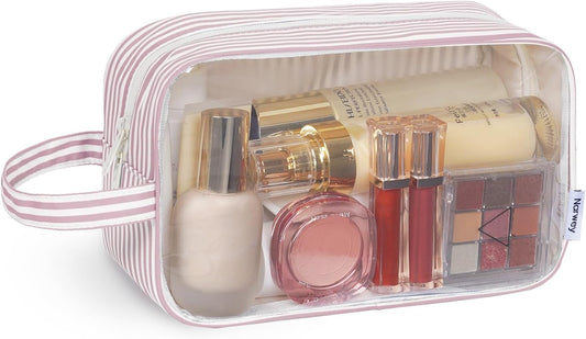 Narwey Clear Toiletry Bags for Traveling Women Men, Clear Travel Bags for Toiletries Makeup Bag Cosmetic Bag with Zipper, Make Up Organizer, Skincare Bag (Dusty Pink Stripe)