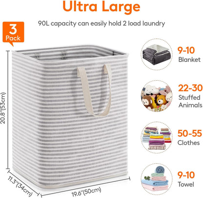 Lifewit 3 Pack Laundry Hamper Large Collapsible Laundry Baskets, Freestanding Waterproof Clothes Hamper with Easy Carry Handles in Laundry Room Bedroom Bathroom College Dorm for Adults, Grey, 3 x 90L