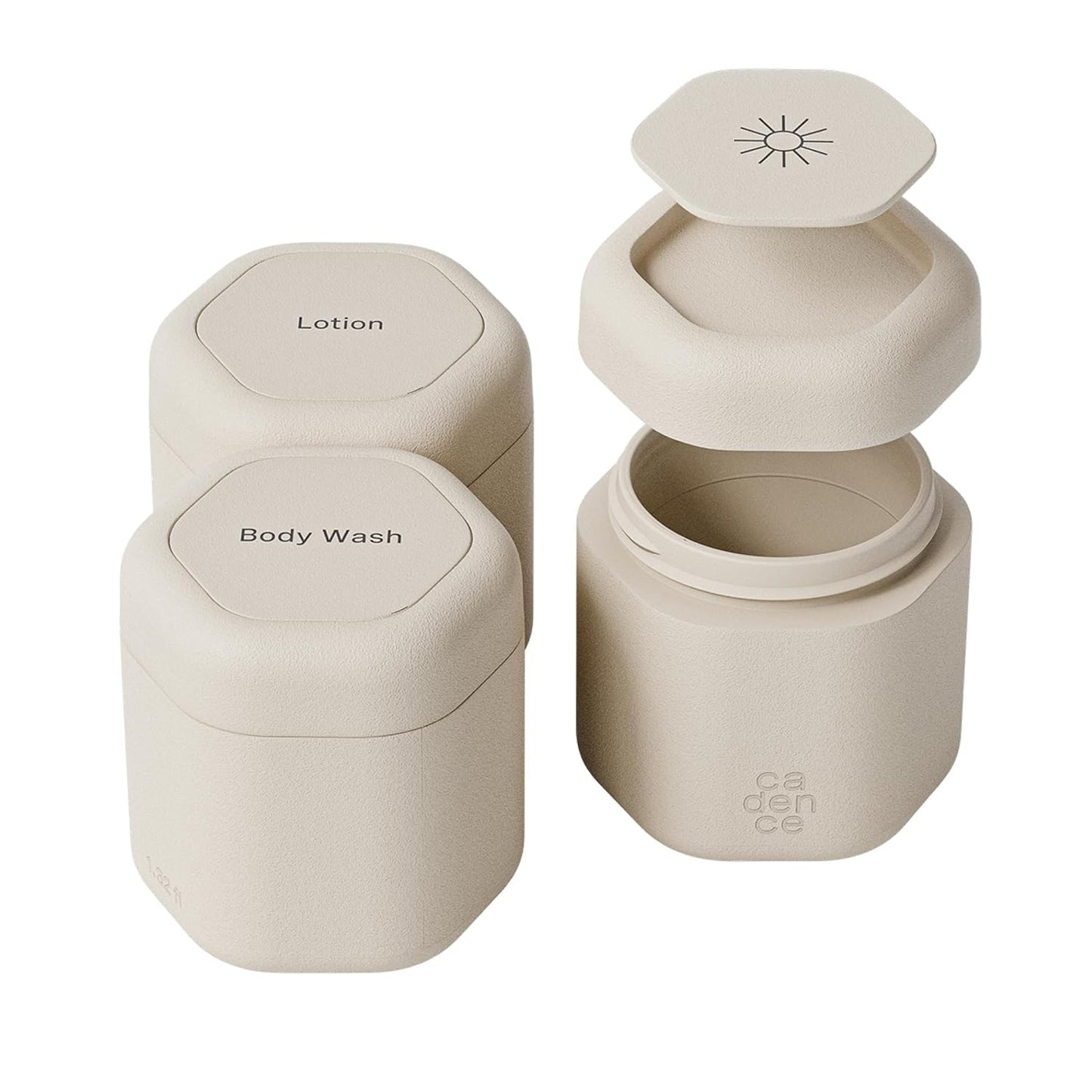 Cadence Travel Containers - Body Care Capsule Set - Magnetic Containers with Lids,Carry On Travel Essentials for Women/Men - 3 Flex Mediums (1.32oz) - Body Wash, Lotion & Sun Icon Labels - Sand