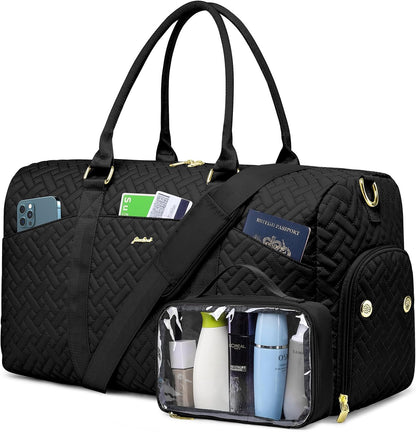 Women Duffle Weekender Travel Bag: Large Duffel Bags with Shoe Compartment Carry On Overnight Tote Bag with Wet Pocket Toiletry Bag Traveling Weekend Gym Yoga Hospital Bags for Labor & Delivery Black