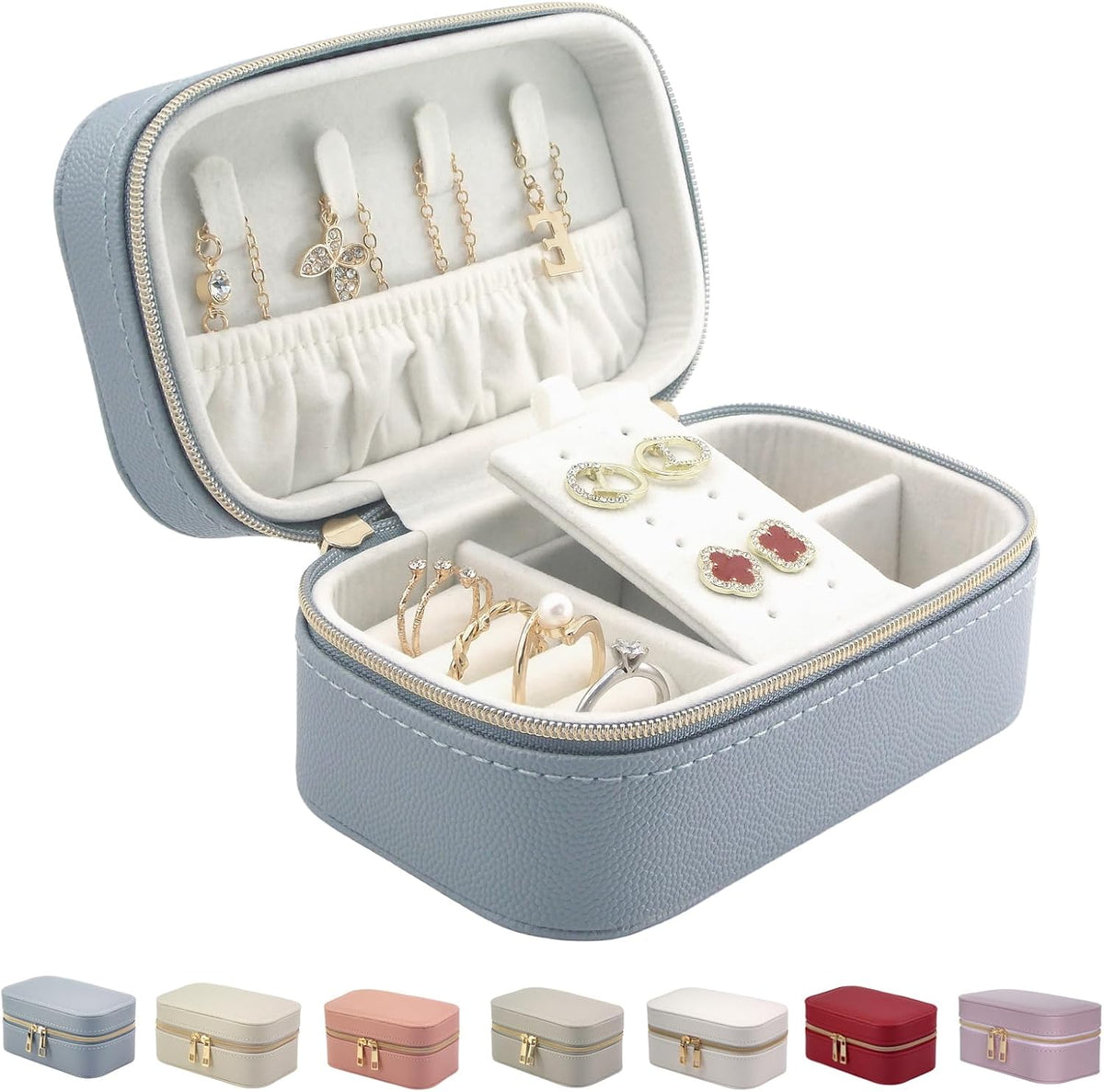 Small Jewelry Travel Case For Womens Small Rectangle PU Leather Jewelry Box With Zipper 2.56" H Portable Travel Jewelry Case For Earring Rings Necklaces Bracelets Blue Jewelry Gifts Box