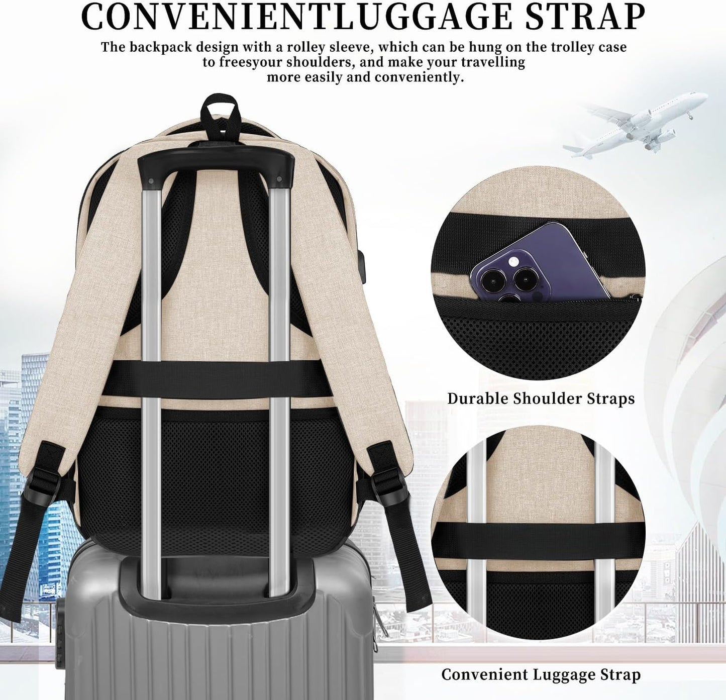 Beige Backpack for Men Women, School Backpack for Boys Girls Teens, 15.6 Inch Laptop Backpacks with USB Port, Water Resistent Book bag, Work College Bookbag, back pack, Mochila para hombre