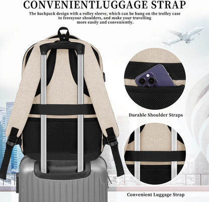 Beige Backpack for Men Women, School Backpack for Boys Girls Teens, 15.6 Inch Laptop Backpacks with USB Port, Water Resistent Book bag, Work College Bookbag, back pack, Mochila para hombre