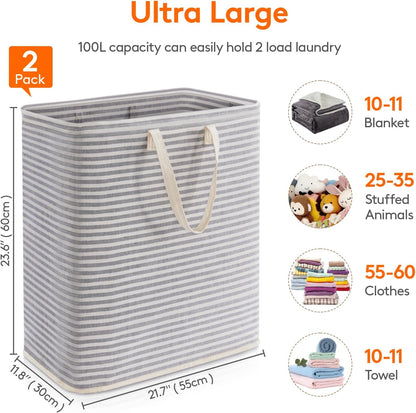 Lifewit 2 Pack Laundry Hamper Large Collapsible Laundry Baskets, Freestanding Waterproof Clothes Hamper with Easy Carry Handles in Laundry Room Bedroom Bathroom College Dorm for Adults, Gray, 2 x 100L