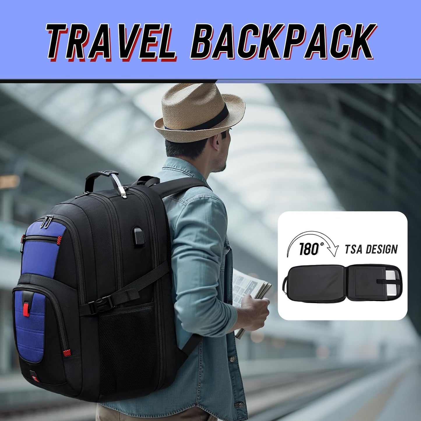 Z-MGKISS Large Travel Backpack for Men, TSA Flight Approved Business Backpack, USB Computer Bagpack Fits 17.3 Inch Laptop, Blue