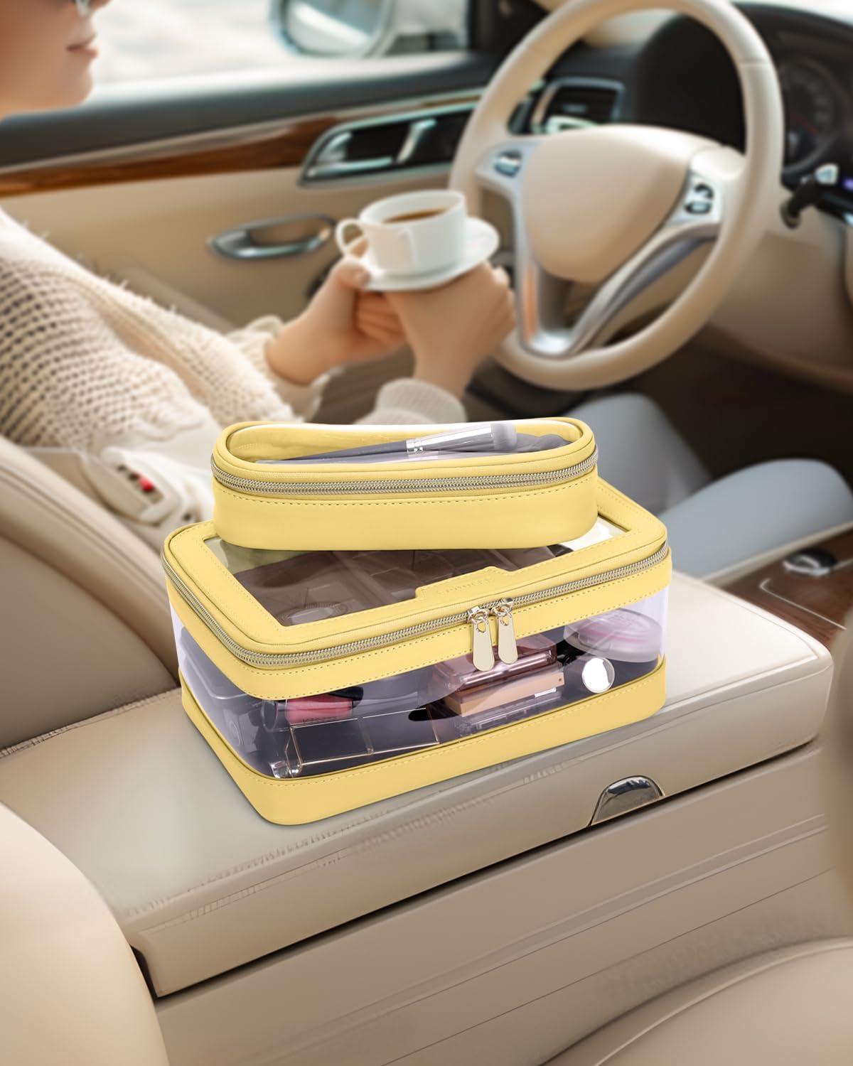 Travel Clear Makeup Bag with Makeup Brush Bag, Leather Makeup Case Toiletry Bag, Portable Cosmetic Bag Case, Transparent Waterproof Cosmetic Organizer Storage Bag for Women, Yellow