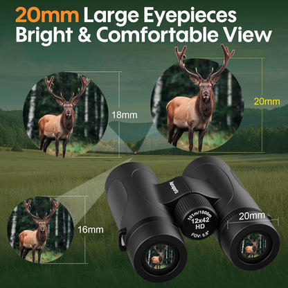 12x42 Binoculars for Adults High Powered: Waterproof HD Bird Binoculars - Large View Easy Focus with Clear Low Light Vision for Hunting Hiking Bird Watching Travel Cruise Black