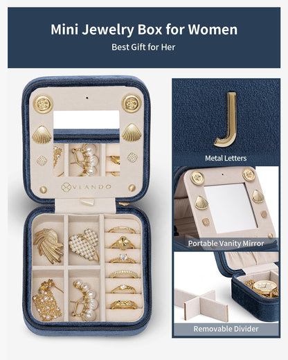Vlando Birthday Gifts for Women Friendship, Personalized Initial Jewelry Box, Friendship Gifts for Women Friends, Travel Essentials Small Jewelry Box, Travel Box for Girls - Letter J, Dark Blue